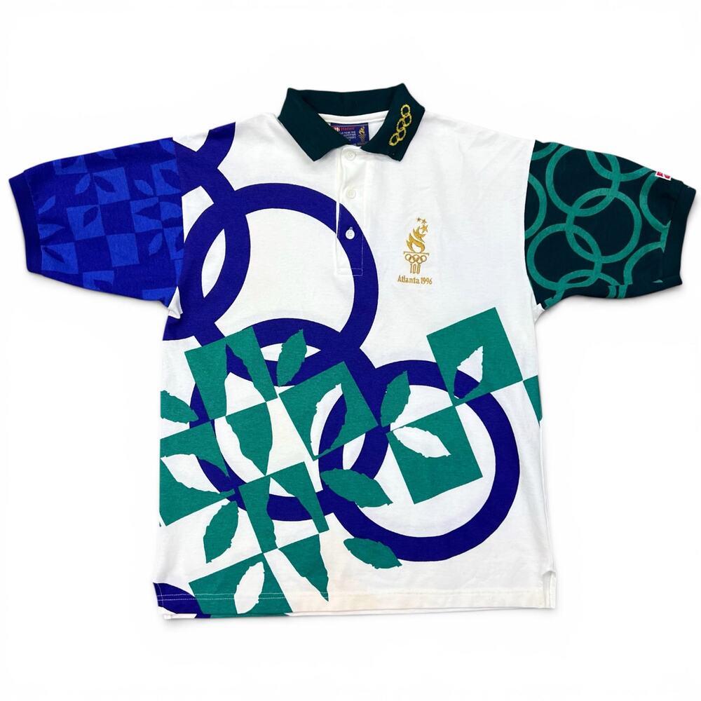 Vintage Staff 1996 Atlanta Olympics Hanes Polo Shirt Medium USA AOP Rings Leaf